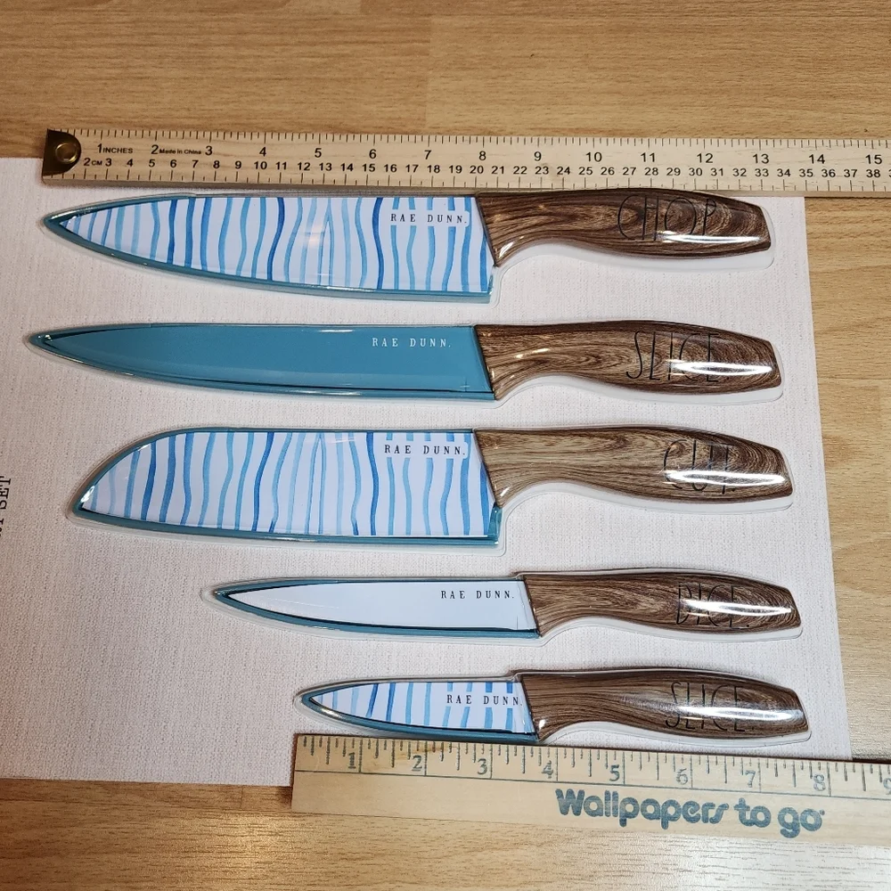 New Rae‎ Dunn Knife Set Blue Design Faux Wood Handles